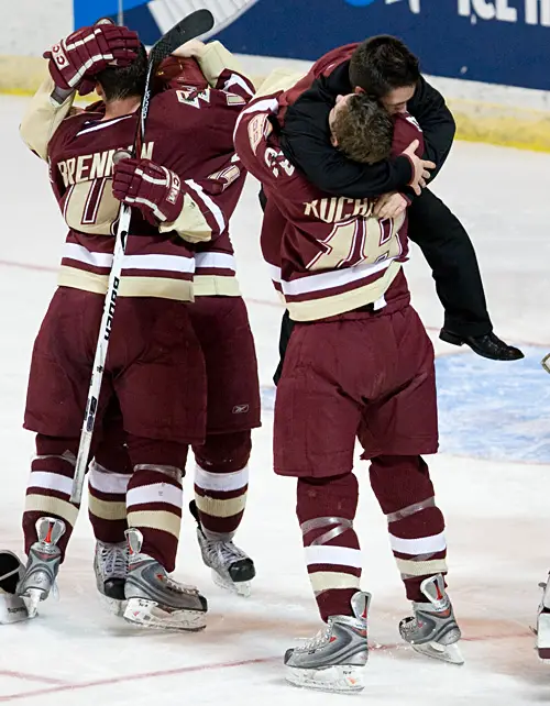 Justin Murphy (hugging Kyle Kucharski) celebrates with the Eagles after Boston College's 2008 NCAA tournament win over Miami (photos: Melissa Wade).