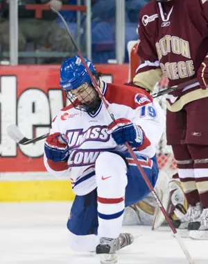 Patrick Cey celebrates his second period goal which stood as the gamewinner in Lowell's 4-1 (2 EN) win over Boston College (photo: Melissa Wade).