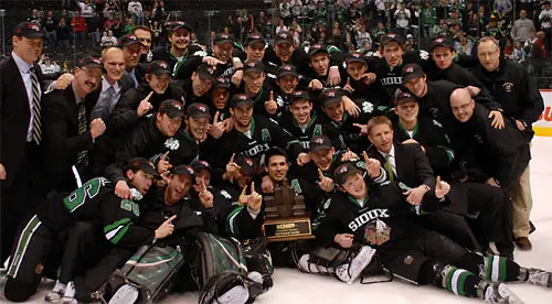 North Dakota celebrates its ninth WCHA playoff championship (photo: Jason Waldowski).