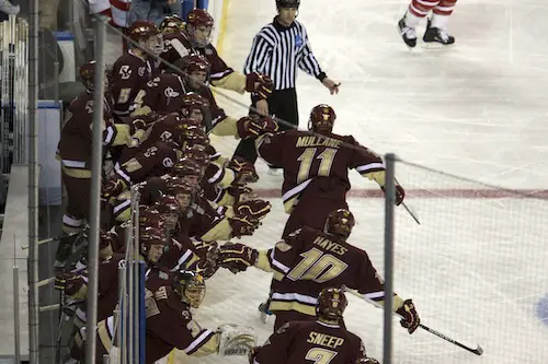 Boston College celebrates Ben Smith's first-period goal in a 7-1 victory over Miami (photo: Jim Rosvold).