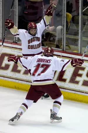 Cam Atkinson (left) and Brian Gibbons have combined for 96 points this season for Boston College (photo: Melissa Wade).