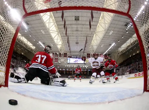 Cam Atkinson celebrates as Brian Gibbons' first of three goals puts Boston College ahead 1-0 (photo: Melissa Wade).