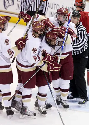 Brian Gibbons celebrates his third and final goal of the night with teammates Philip Samuelsson, Edwin Shea and Jimmy Hayes. Gibbons reached the 100 career points mark with his first goal of the game and with an additional assist now has 103.