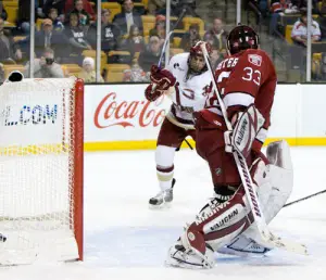 By the time Brian Gibbons gave Boston College a 5-0 lead in the third period, it was clear how out of it Harvard was (photo: Melissa Wade).