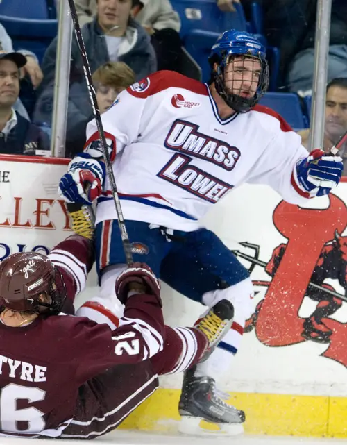 Nick Schaus had a goal and assist in the Riverhawks win (photo: Melissa Wade).