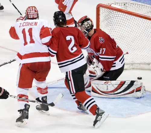 Zach Cohen celebrates Vinny Saponari's third period goal that stood as the game winner (photo: Melissa Wade). 