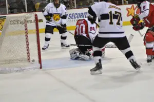 Jaden Schwartz's shot beats Allen York (photo: Candace Horgan).