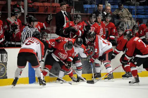 Rensselaer and New Brunswick players battle near the benches (photo: Jennifer Bock).