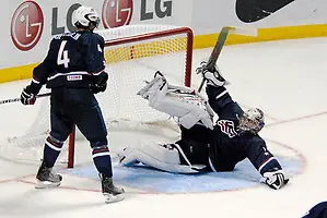 2010 IIHF World U20 Championship - #1 Jack Cambpell made this acrobatic save late in the game; Copyright 2010 Angelo Lisuzzo (Angelo Lisuzzo)