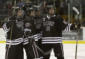 Union celebrates a goal against Rensselaer. (Union Athletics)