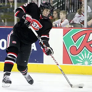 St. Cloud State's Oliver Lauridsen fires a shot during the third period. UNO beat St. Cloud State 3-0 Friday night at Qwest Center Omaha.  (Photo by Michelle Bishop) (Michelle Bishop)