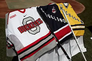 The Cleveland Indians announce the game at Progressive Field between Michigan and Ohio State. (Tim Brule)