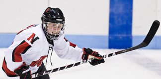 Kendall Coyne - The Northeastern University Huskies defeated the visiting Ottawa Senators from the PWHL in an exhibition game on Friday, September 23, 2011, at Matthews Arena in Boston, Massachusetts. (Melissa Wade)