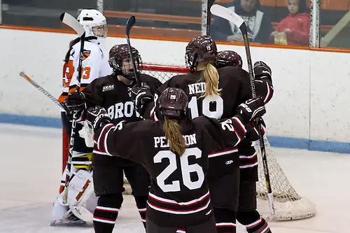 Brown celebrates a goal by Laurie Jolin (Brown - 28). (Shelley M. Szwast)