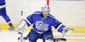 Senior Billy Faust made 42 saves, including 15 in the third period, to back Massachusetts-Boston