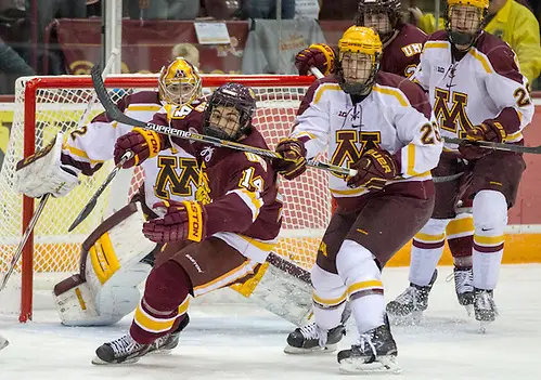 14 Nov 14:  Adam Wilcox (Minnesota - 32), Alex Iafallo (Minnesota Duluth - 14), Christian Isackson (Minnesota - 26).  The University of Minnesota Golden Gophers host the University of Minnesota Duluth Bulldogs in a non-conference matchup at Mariucci Arena in Minneapolis, MN (Jim Rosvold)