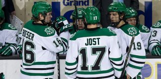 Brock Boeser (North Dakota-16) Tyson Jost (North Dakota-17) Shane Gersich (North Dakota-19) 17 Feb.25 University Nebraska Omaha and the University of North Dakota meet in a NCHC game at the Ralph Engelstad Arena in Grand Forks, ND (Bradley K. Olson)