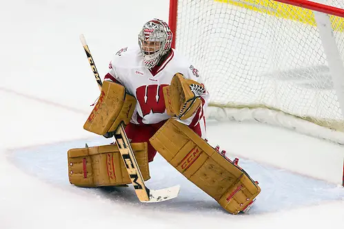 Wisconsin Badgers goalie Ann-Renée Desbiens (30) defends during an NCAA women's hockey game against the Ohio State Buckeyes Friday, October 10, 2014, in Madison, Wis. The Badgers won 6-0. (Photo by David Stluka (David Stluka)