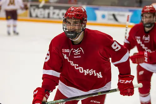 11 Mar 16:  Luke Kunin (Wisconsin - 9). The University of Minnesota Golden Gophers host the University of Wisconsin Badgers in a B1G Conference matchup at Mariucci Arena in Minneapolis, MN (Jim Rosvold/University of Minnesota)