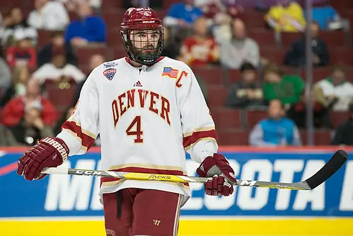 6 Apr 17:  Will Butcher (Denver - 4). The Denver University Pioneers play against the University of Notre Dame Fighting Irish in a national semifinal of the 2017 NCAA Division I Men's Frozen Four at the United Center in Chicago, IL. (Jim Rosvold)