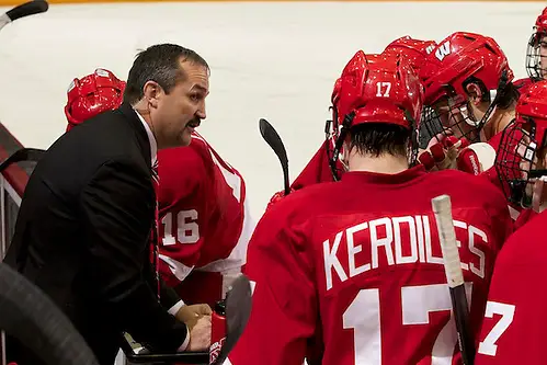 29 Nov 13: Gary Shuchuk (Wisconsin Assistant Coach). ===The University of Minnesota Golden Gophers host the University of Wisconsin Badger in the first ever B1G Hockey Conference matchup at Mariucci Arena in Minneapolis, MN. NCAA Bylaw 12.5.11 prohibits the use of a student-athlete's name, picture, or identity to promote the sale of a commercial product or service. It is the intent of the University of Minnesota that this photo shall no be used in any way that may constitute advertising or promotion of any commercial product or service. (Jim Rosvold)