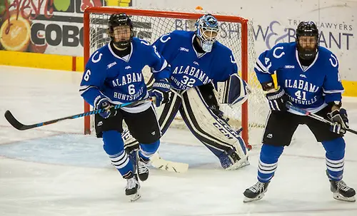 Sean Rappleyea (Alabama Huntsville-6 ) Jordan Uhelski (Alabama Huntsville- 32 Brandon Carlson (Alabama Huntsville- 41)16 October 28 Alabama Huntsville and St. Cloud State University meet in a non conference contest at the Herb Brooks National Hockey Center (Bradley K. Olson)