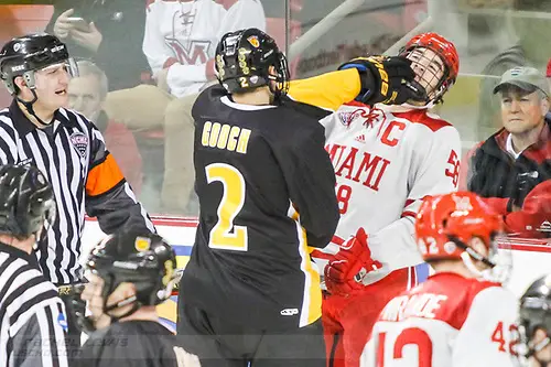 NOV 4, 2017:  Trevor Gooch (CC - 2), Louie Belpedio (MIA - 58).  The Miami RedHawks lose to the Colorado College Tigers 2-1 Satuday, November 4, 2017 at Steve Cady Arena in Oxford, OH. (Rachel Lewis/©Rachel Lewis)