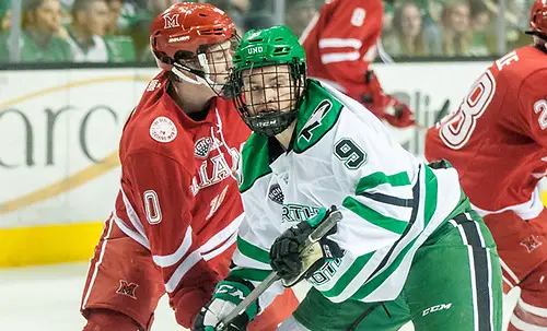 Ben Lown (Miami of Ohio-10) Dixon Bowen North Dakota-9) 2017 Nov. 11 The University of North Dakota hosts  Miami of Ohio in a NCHC matchup at the Ralph Engelstad Arena in Grand Forks, ND (Bradley K. Olson)