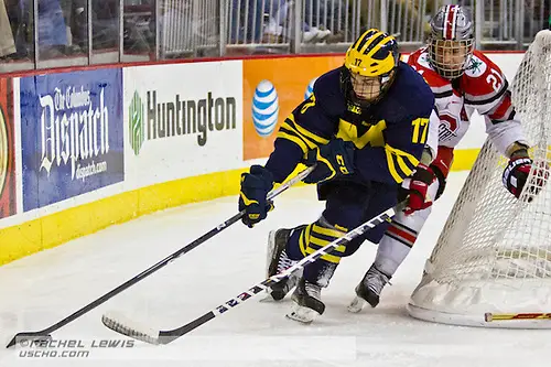 2015 FEB 20: Tony Calderone (UM - 17), Sam Jardine (OSU - 21)   The Ohio State Buckeyes beat the University of Michigan Wolverines 5-3 at Value City Arena in Columbus, OH. (©Rachel Lewis)