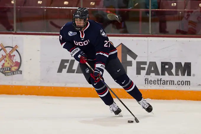 2 Jan 16: Max Letunov (Connecticut - 27). The University of Connecticut Huskies play against the Ferris State University Bulldogs in the Mariucci Classic third place game at Mariucci Arena in Minneapolis, MN. (Jim Rosvold)