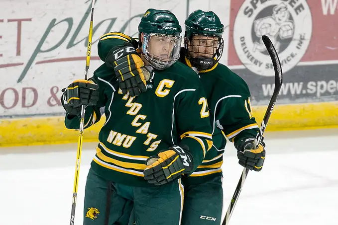 08 Dec 17: Justin Baudry (Bemidji State - 29), Charlie Combs (Bemidji State - 11). The Bemidji State University Beavers host the Northern Michigan University Wildcats in a WCHA Conference matchup at the Sanford Center in Bemidji, MN. (Jim Rosvold)