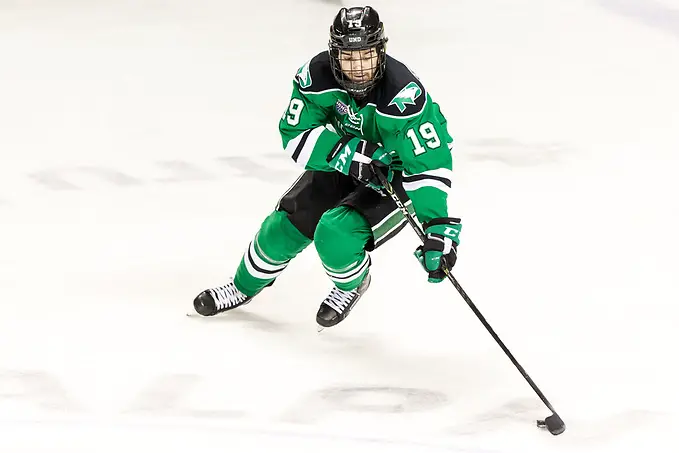 Shane Gersich (North Dakota-19) 2018 Jan. 27 The University of North Dakota hosts Denver University in a NCHC matchup at the Ralph Engelstad Arena in Grand Forks, ND (Bradley K. Olson)