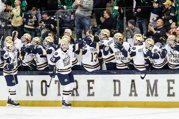 17 MAR 2018: Bo Brauer (ND - 29), Jake Evans (ND - 18). The University of Notre Dame Fighting Irish host the Ohio State University in the 2018 B1G Championship at Compton Family Ice Arena in South Bend, IN. (Rachel Lewis - USCHO) (Rachel Lewis/©Rachel Lewis)