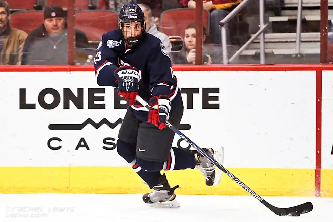 2016Jan10: Joseph Masonius (UConn - 13). The UConn Huskies shut out the Arizona State Sun Devils 3-0 in the Consolation Game of the inaugural Desert Hockey Classic at Gila River Arena in Glendale, AZ. (©Rachel Lewis)