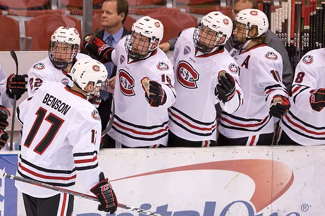 Jacob Benson (SCSU-17) 2018 October 7 St. Cloud State University hosts Mount Royal University in a exhibition contest at the Herb Brooks National Hockey Center (Bradley K. Olson)