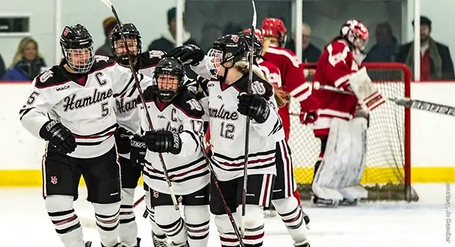 Hamline women's hockey celebrates a goal (Hamline Athletics)