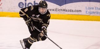 Dawson DiPietro (Western Michigan-9))2019 January 18 St. Cloud State University hosts Western Michigan in a NCHC contest at the Herb Brooks National Hockey Center (Bradley K. Olson)