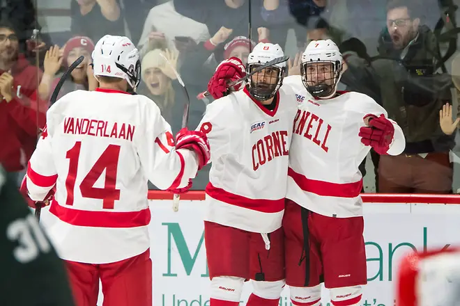 Cam Donaldson (7 - Cornell), Yanni Kaldis (8 - Cornell), Mitch Vanderlaan (14 - Cornell) (2018 Omar Phillips)