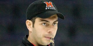 Enrico Blasi (Miami - Head Coach) - The Miami University RedHawks practiced on Friday, April 10, 2009, during the 2009 Frozen Four at the Verizon Center in Washington, DC. (Melissa Wade)