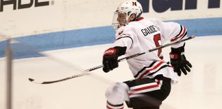 Adam Gaudette (NU - 8) celebrated his goal just 38 seconds into the second period making it 4-1 NU. The Northeastern University Huskies defeated the Bentley University Falcons 7-3 in their home opener at Matthews Arena on Saturday, October 15, 2016 in Boston, Massachusetts. (Melissa Wade)