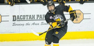 Ben Copeland (Colorado College-12) 2019 January 12 University of North Dakota hosts Colorado College in a NCHC matchup at the Ralph Engelstad Arena in Grand Forks, ND (Bradley K. Olson)