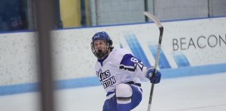 Nolan Redler of UMass-Boston had four goals and two assists in first-place clinching win over Babson (Macayla Chianco - Beacons Athletics)