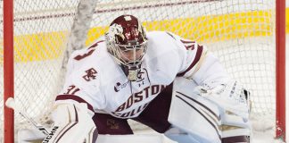 Joseph Woll (BC - 31) The visiting University of Wisconsin Badgers defeated the Boston College Eagles 5-2 (EN) on Friday, October 13, 2017, at Kelley Rink in Conte Forum in Chestnut Hill, Massachusetts.The visiting University of Wisconsin Badgers defeated the Boston College Eagles 5-2 (EN) on Friday, October 13, 2017, at Kelley Rink in Conte Forum in Chestnut Hill, Massachusetts. (Melissa Wade)