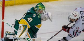 19 Oct 18: Atte Tolvanen (Northern Michigan - 41), Blake Lizotte (St. Cloud - 27). The St. Cloud State University Huskies host the Northern Michigan University Wildcats in a non-conference matchup at the Herb Brooks National Hockey Center in St. Cloud, MN. (Jim Rosvold)