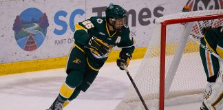 19 Oct 18: Philip Beaulieu (Northern Michigan - 25). The St. Cloud State University Huskies host the Northern Michigan University Wildcats in a non-conference matchup at the Herb Brooks National Hockey Center in St. Cloud, MN. (Jim Rosvold)