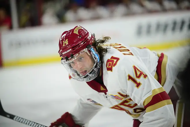 Jarid Lukosevicius of Denver, North Dakota at Denver at Magness Arena, March 16, 2019. (Candace Horgan)