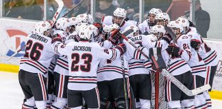 SCSU team 2018 December 8 St.Cloud State University hosts University of Nebraska Omaha in a NCHC contest at the Herb Brooks National Hockey Center (Bradley K. Olson)