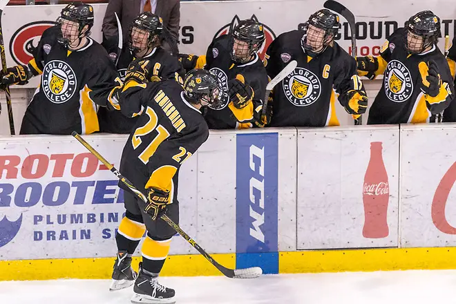 Grant Cruikshank (Colorado College- 21) 2019 February 9 St. Cloud State University hosts Colorado College in a NCHC contest at the Herb Brooks National Hockey Center (Bradley K. Olson)