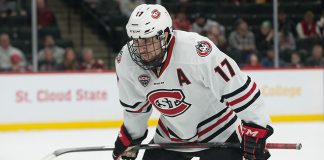 Jacob Benson (SCSU-17) 2019 March 23 University of Minnesota Duluth and St. Cloud State University meet in the championship game of the NCHC Frozen Face Off at the Xcel Energy Center in St. Paul, MN (Bradley K. Olson)