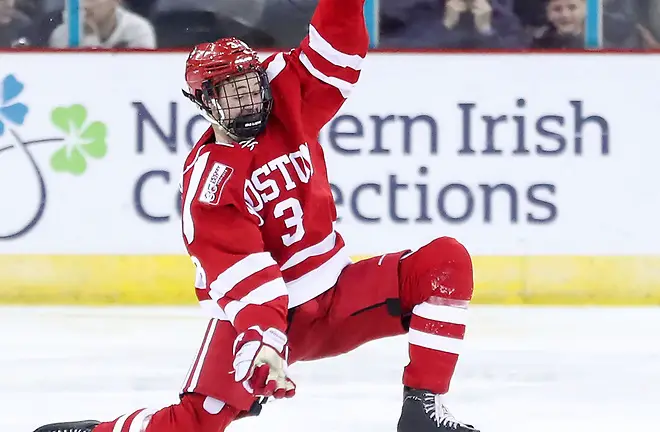 Press Eye - Belfast -  Northern Ireland - 23rd November 2018 - Photo by William Cherry/Presseye Boston University's Ty Amonte celebrates scoring against University of Connecticut during Friday evenings Friendship Four game at the SSE arena, Belfast.    Photo by William Cherry/Presseye (©William Cherry / Presseye)